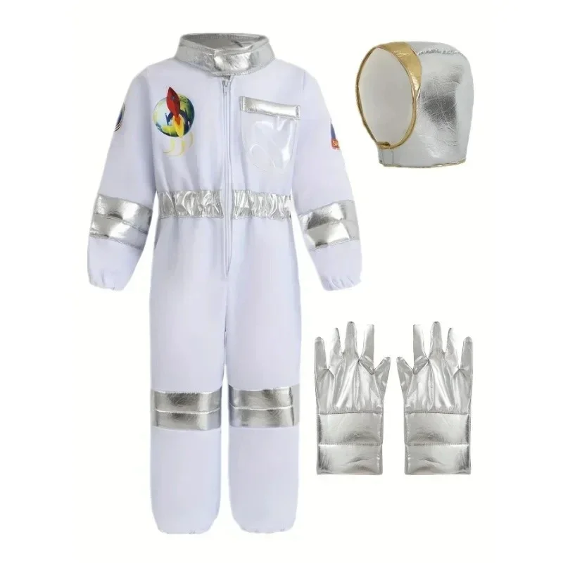 White Astronaut Jumpsuit Costume Space Suit with Silver Helmet Gloves Space Theme Outfit for Halloween Cosplay Party Dress‑up
