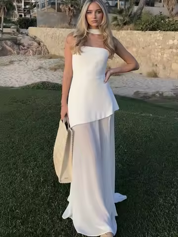 Spring and Summer Elegant Women's Tube Top Slim Dress Fashionable Solid Color Mesh Splicing Dress Off-the-shoulder Evening Dress