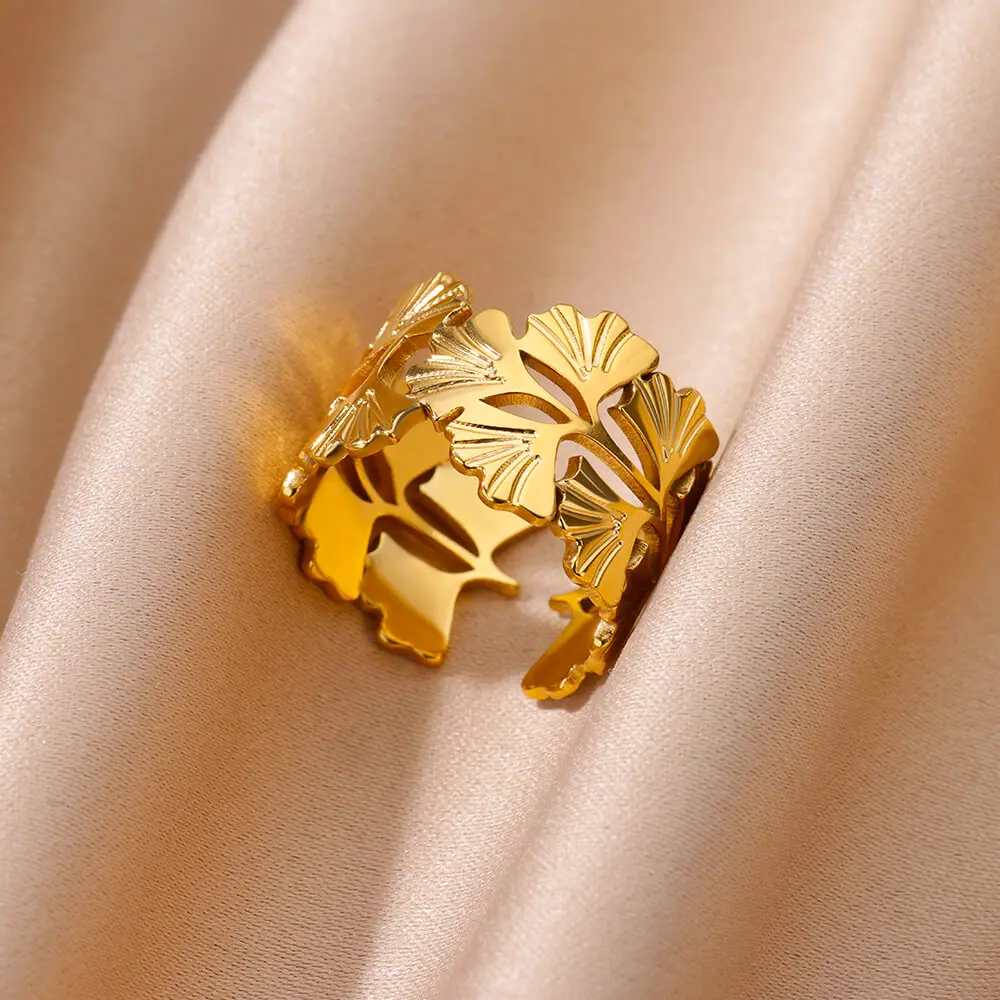 Stainless Steel Flower Rings for Women Men Gold Color Open Vintage Ginkgo Leaf Ring 2024 New Trend Wedding Jewelry bague Gift
