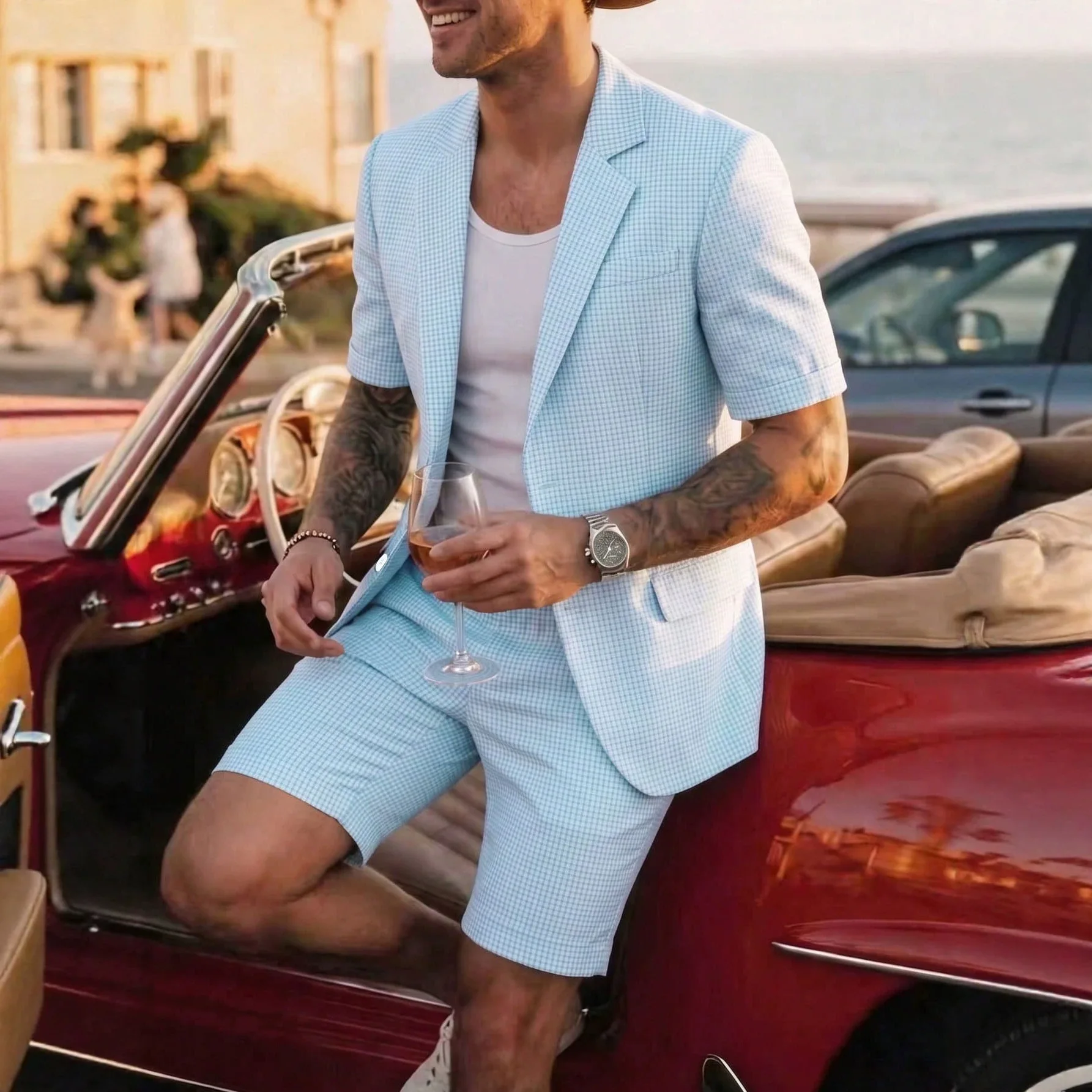 Summer Men's Plaid Slim Fit Business Dinner Casual Suit