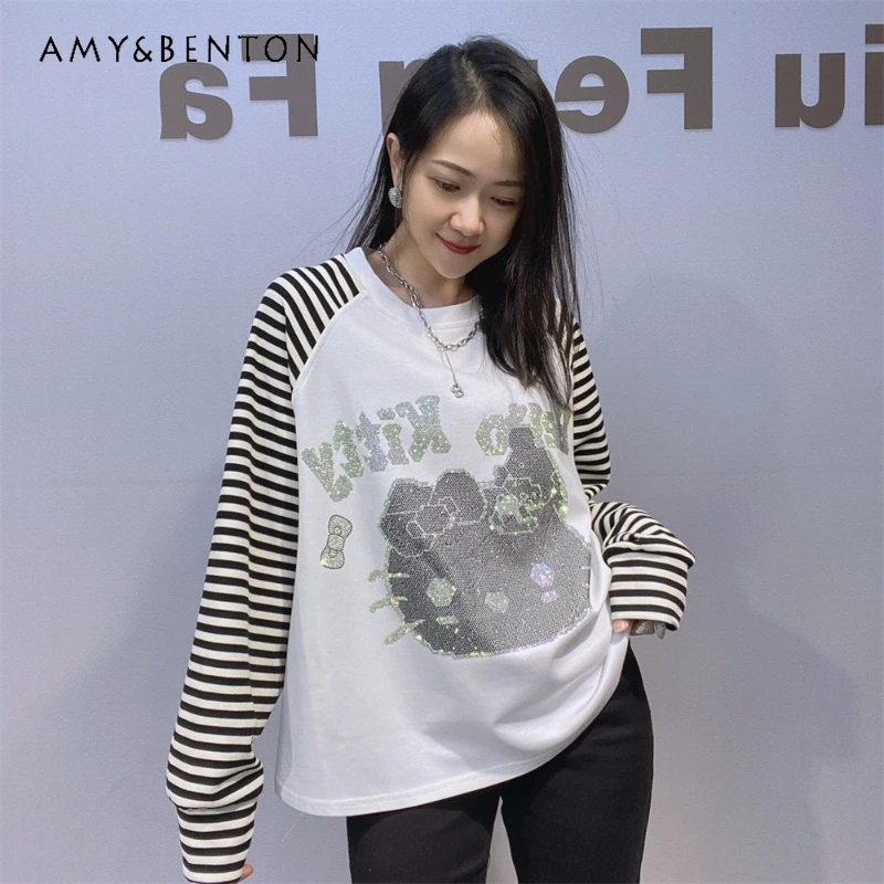 

Sweet Black And White Striped Long Sleeves O-Neck Top T-shirt Women 2025 Autumn New Korean Style Loose Rhinestone Tees Outerwear