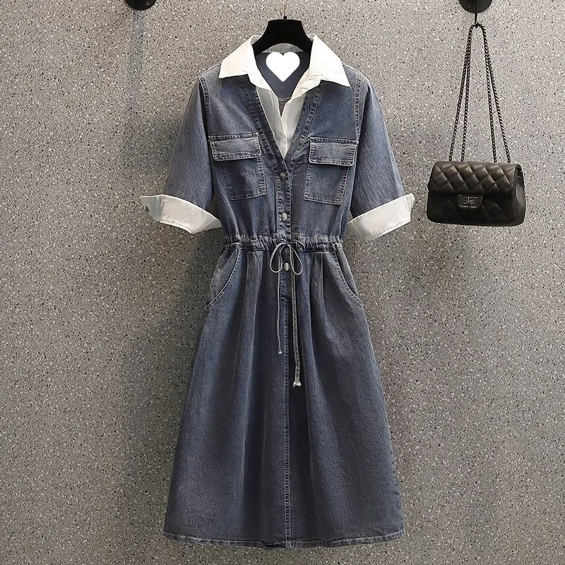 Mid Length Jeans Dress Women Chic Denim Dresses Streetwear POLO collar half sleeve Elegant Y2k Casual 2025 Party A Line Vestidos