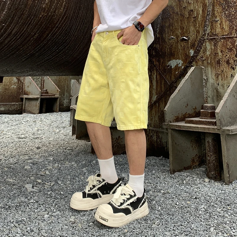 BGC9378-1 Summer tide senior sense of washed yellow jacquard denim shorts men's straight five trousers trend in trousers