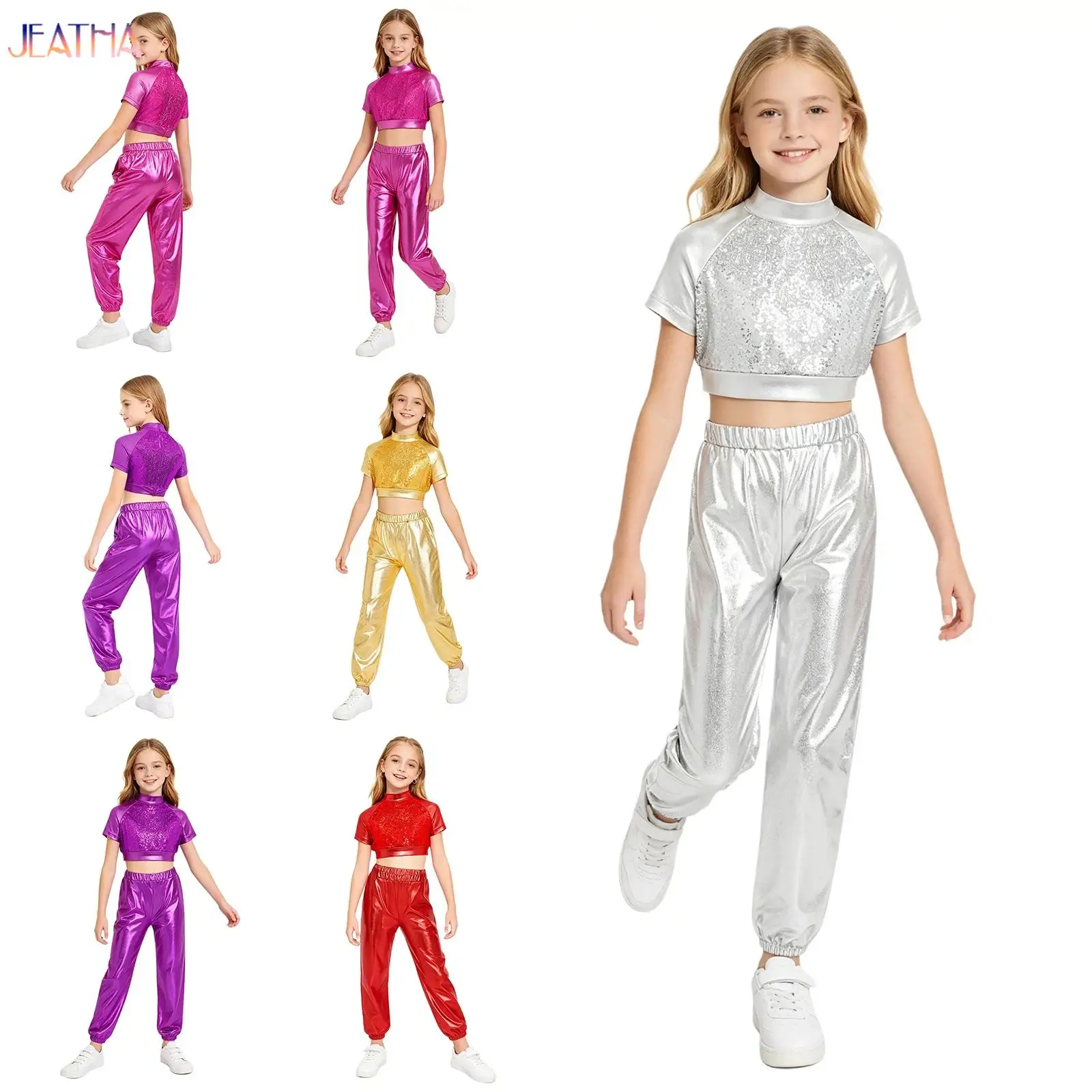 Kids Girls Jazz Dance Costume Outfit Children Street Clothes Sets Glittery Sequined Dancing Set Hip-hop Disco Dancing Suits