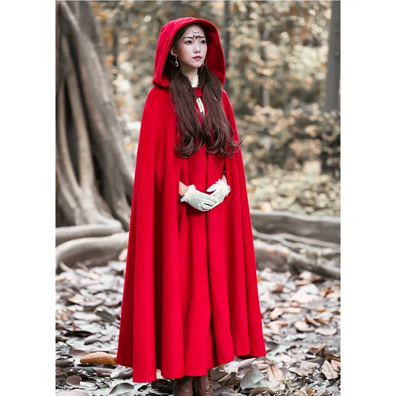 Women Punk Fashion Winter Retro Cloak  Medieval Costume Hooded Coat Long Section Code Red Cloak Warm Tops Ladies Outfit Vestidos