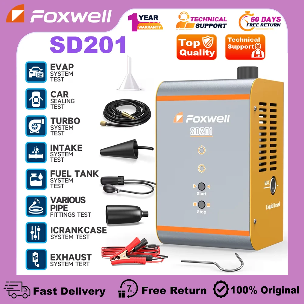 FOXWELL SD201 generador de humo de coche 12V máquina de humo EVAP automotriz probador de diagnóstico tubo de combustible al vacío Detector de fugas