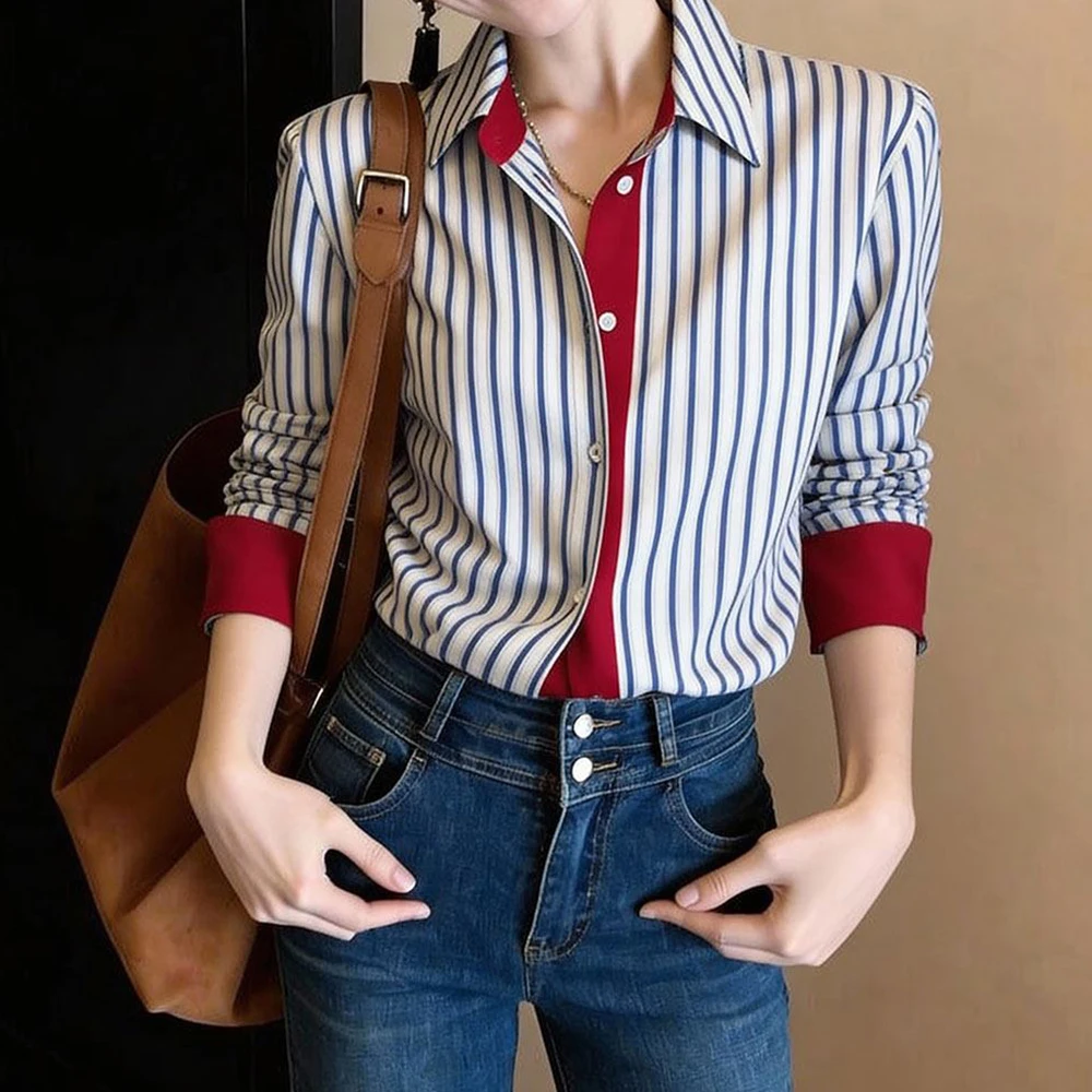 French temperament striped lapel autumn and winter shirt women's 2026 new temperament commuting loose and thin shirt top