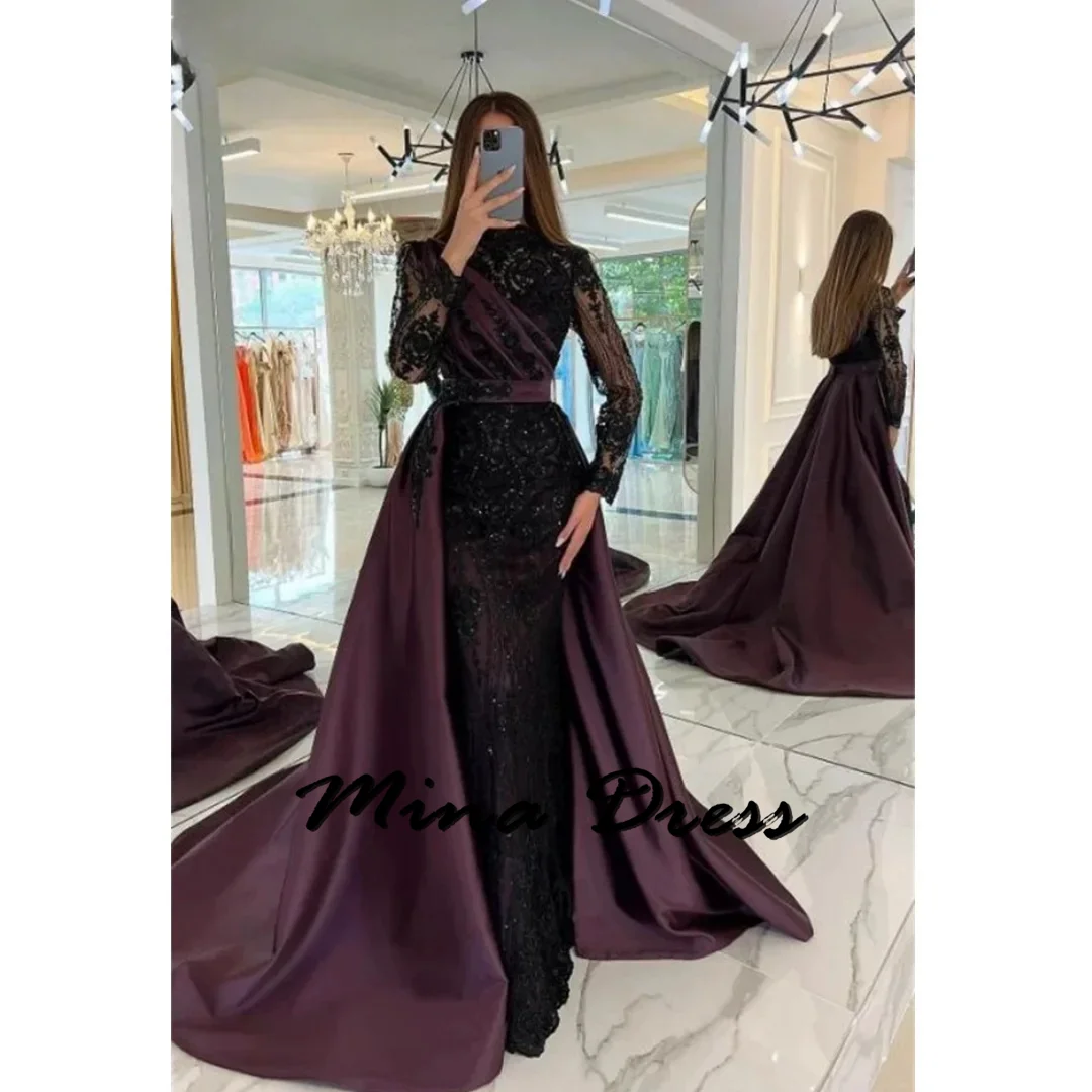 Mina Customized Crew Neck Long Sleeves Embroidered Evening Dresses Woman Elegant Formal Dresses for Women Evening Dress Prom