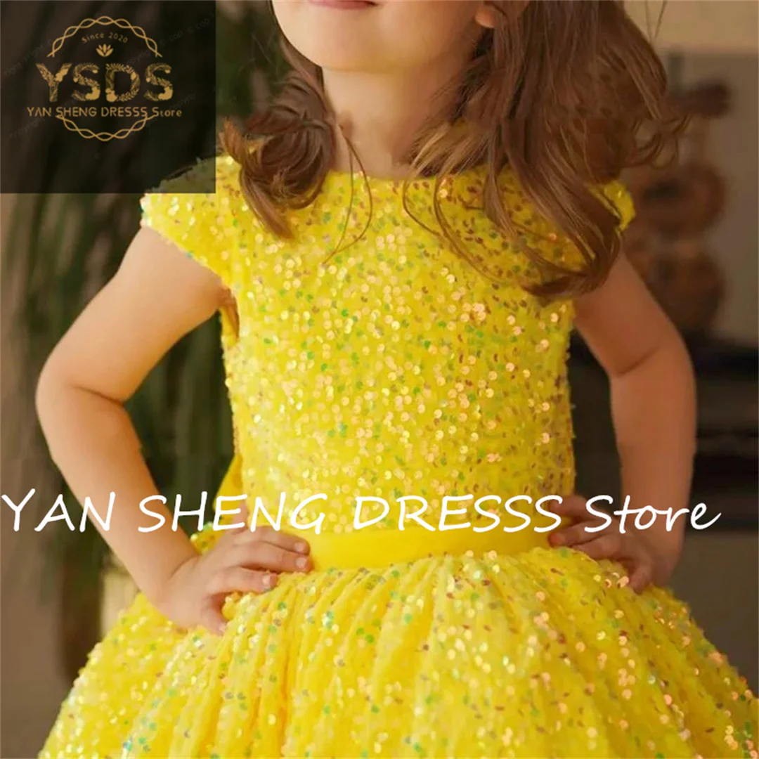 Yellow Short Child Flower Girl Dress Sequin Kids for Wedding Party First Communion Gown Cap Sleeve Ceremonial Dress Ball Gown