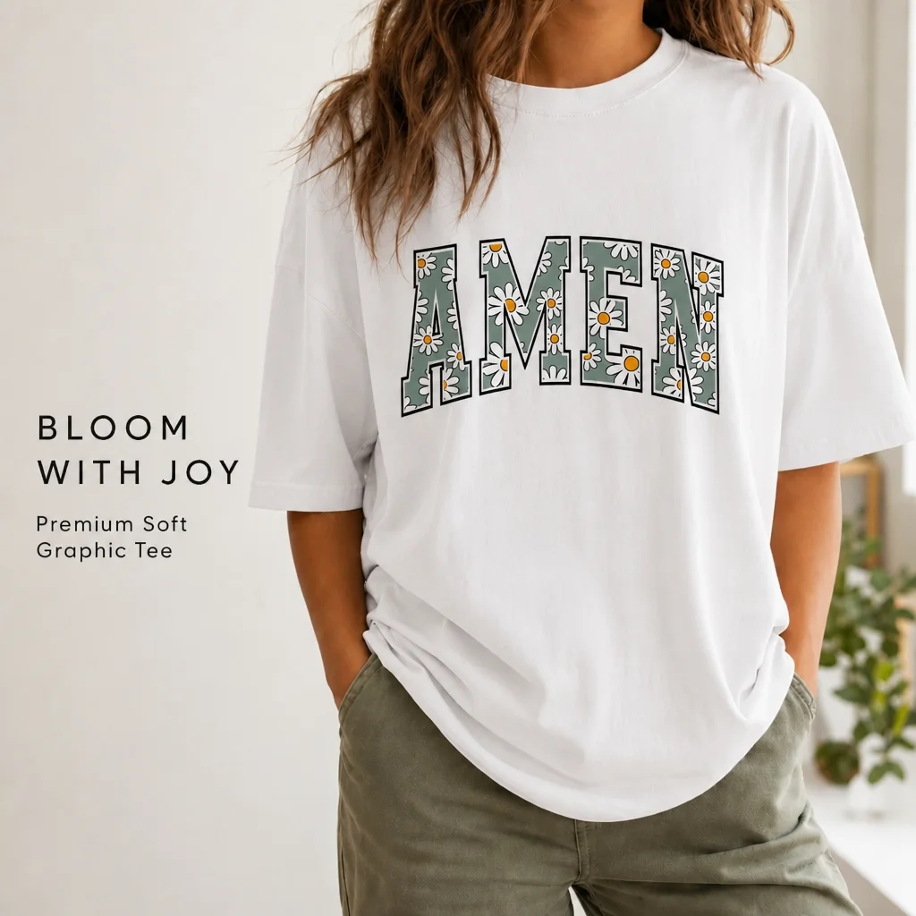 Pure cotton women's religious T-shirt retro daisy pattern letter printed short sleeved T-shirt faith inspirational daily shirt