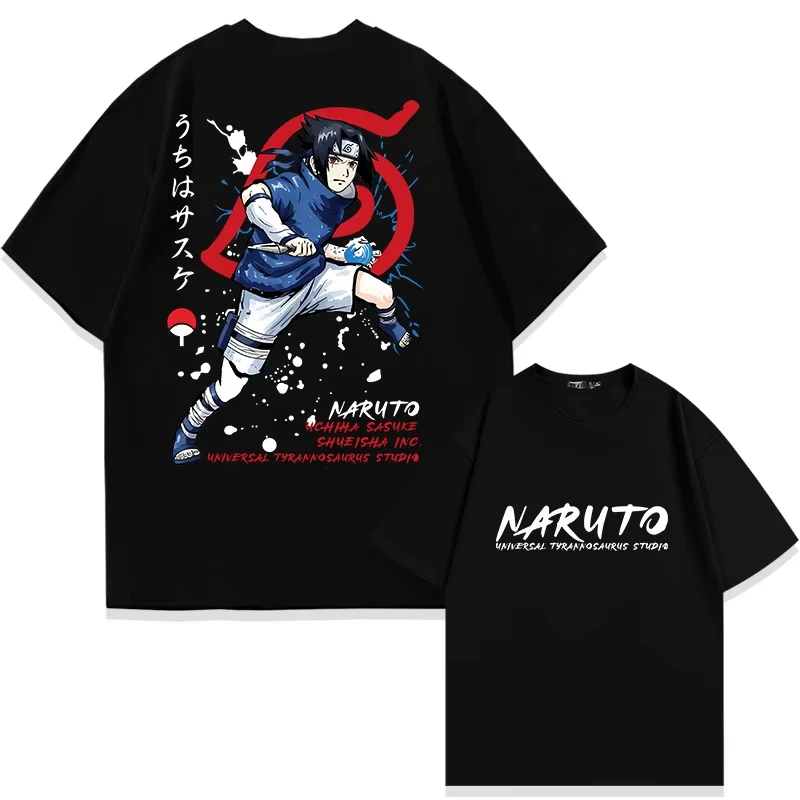 Camiseta informal de algodón puro con estampado gráfico de Anime japonés Kasi Naruto Sasuke, camiseta de doble cara, ropa de calle cómoda y a la moda