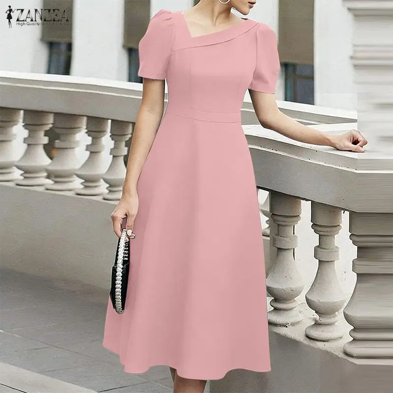 Eleganckie sukienki biurowe ZANZEA damskie 2026 letnia sukienka z nieregularnym dekoltem, krótkim rękawem, midi, jednolita, z podkreśloną talią, sukienka na imprezę, letnia sukienka