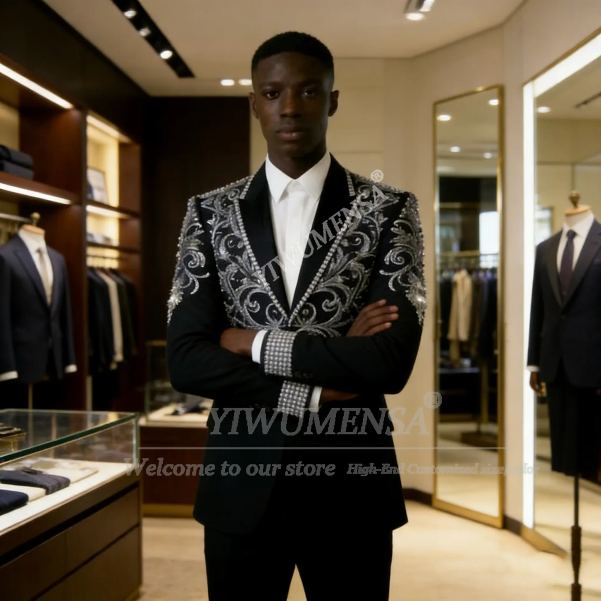 

Мужской костюм с блестками и стразами для свадьбы, однобортный, с кристаллами, для выпускного вечера, смокинг, индивидуальный пошив, комплект из 2 предметов, наряд для вечеринки