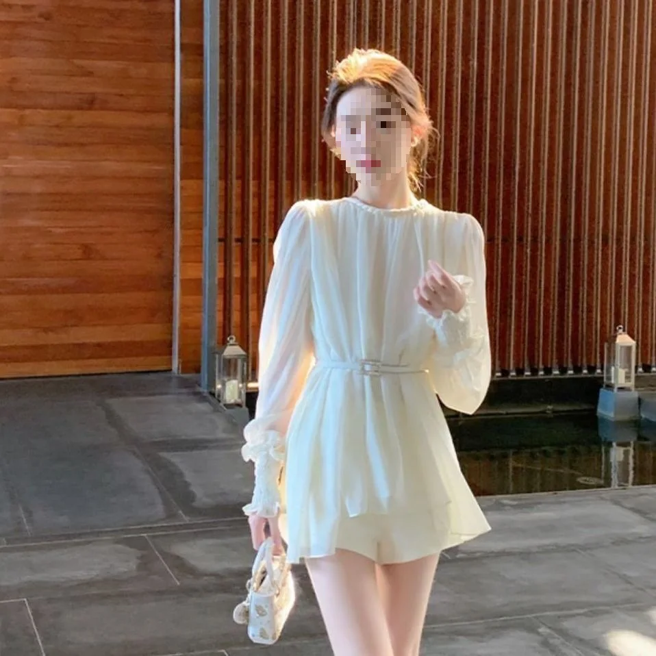 

2026 New French Twisted Neck White Chiffon Top, Lantern Sleeve Blouse, High Waist Shorts, Elegant 2PCS Matching Outfit, Fashion