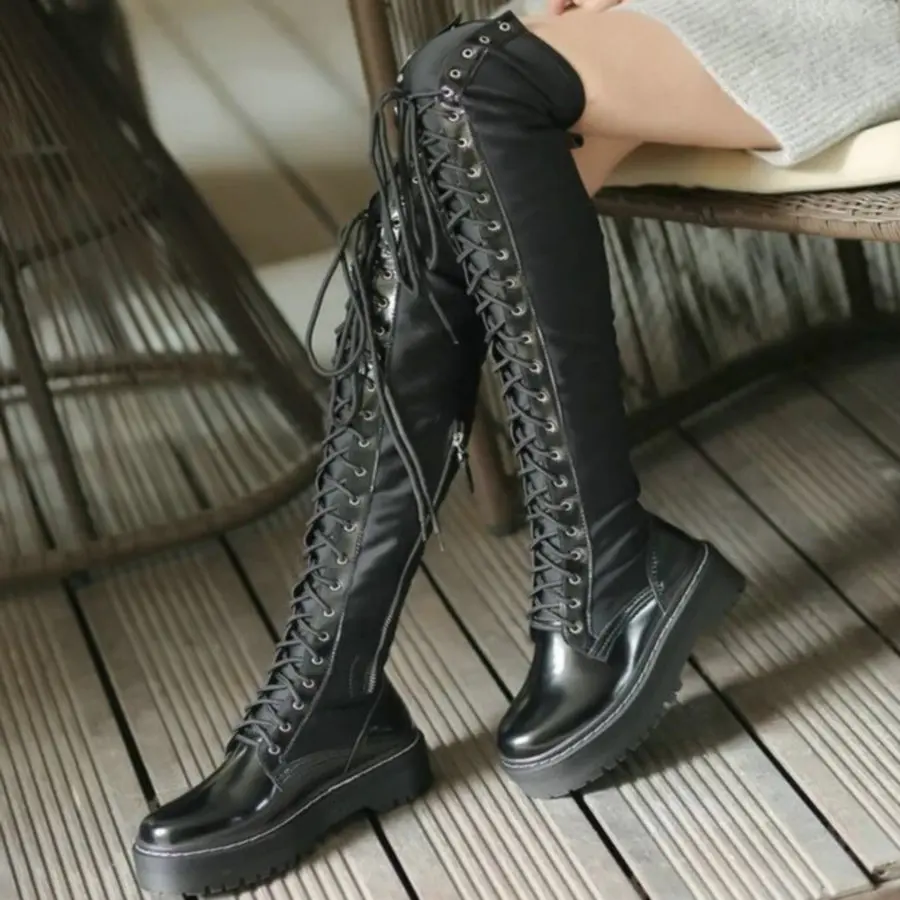 Thigh High Platform Pumps Shoes Women Patent Leather Over The Knee High Boots Female Round Toe Fashion Sneakers Casual Shoes