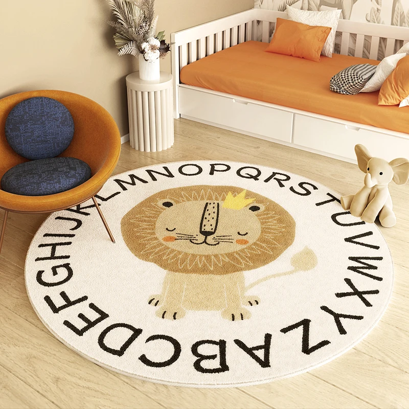 Lion Pattern Carpets for Living Room Fluffy Soft Children Mat Thick Plush Bedside Rug Cartoon Style Bedroom Decor Round Carpet