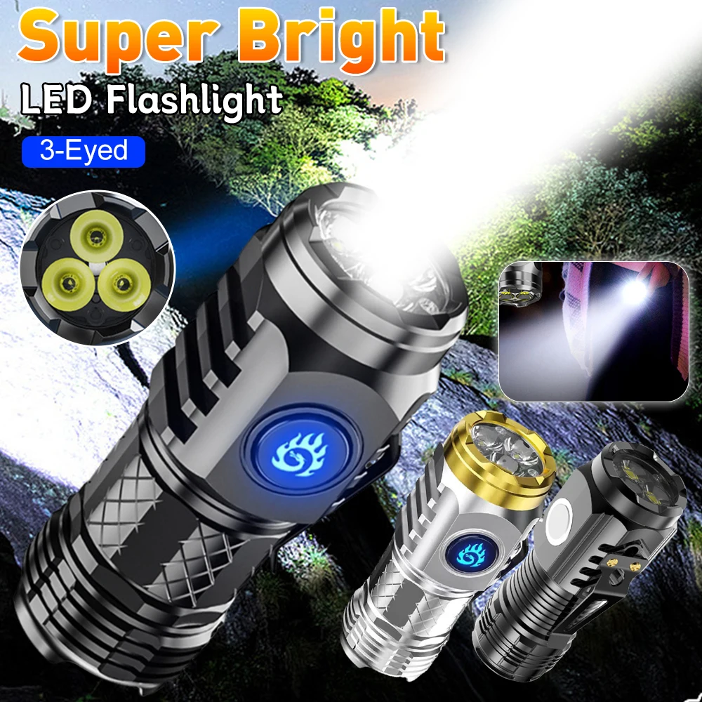 

High Power LED Flashlight 3-Eyed Mini Flashlight USB Rechargeable Portable LED Torch Light Outdoor Camping Emergency Work Lights