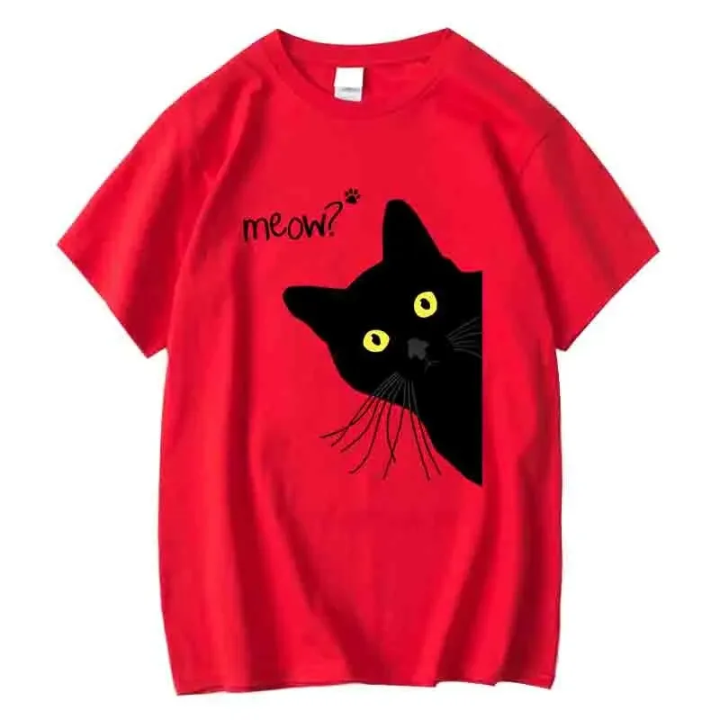 Été Meow chat noir imprimé femmes T-shirt décontracté ample col rond femmes T-shirt à manches courtes T-shirt femmes t-shirts