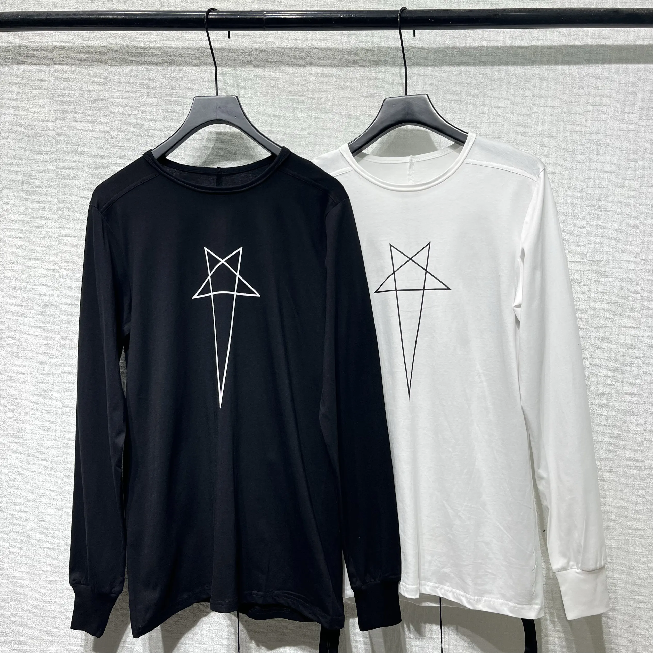 Designer Original Autumn Winter Dark Style Round Neck Cotton 5-Point Star Print Unisex Loose Fit Mid-Long Sleeve Casual T-Shirt