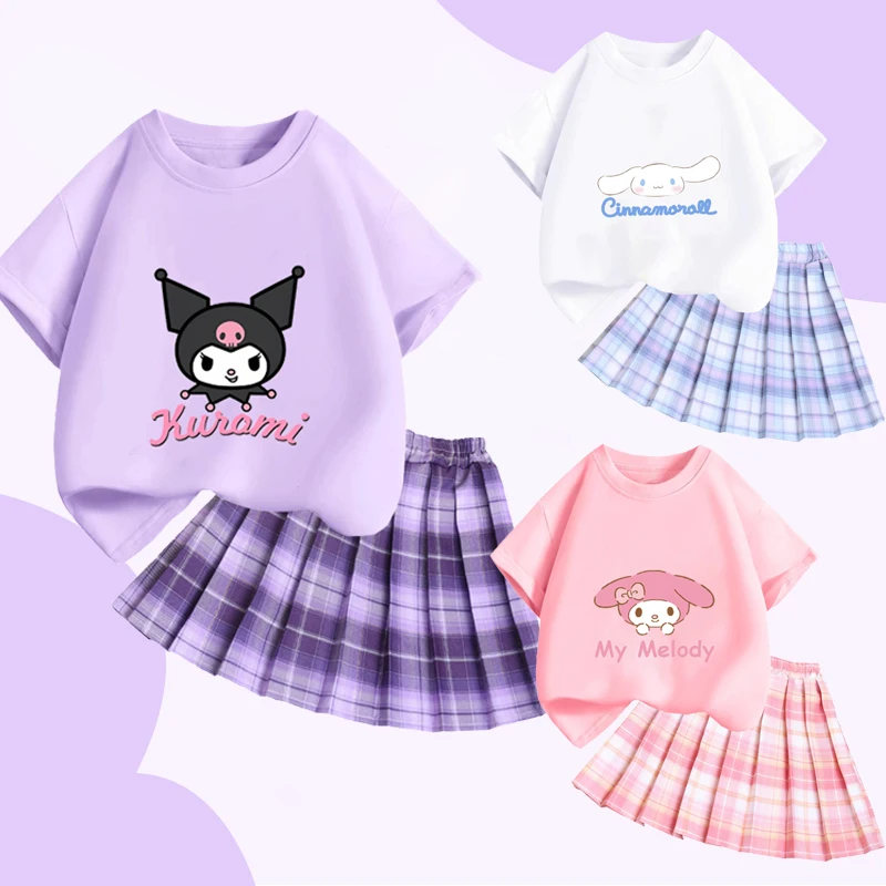 Miniso Sanrio Kuromi Cinnamoroll My Melody Kids Jk T-Shirt Set Cartoon Summer New Girls Short Sleeve Pleated Skirt Two-Piece Set