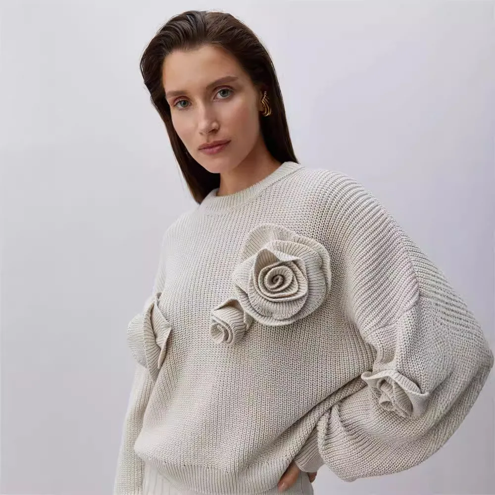 Three Dimensional Rose Solid Color Loose Long Sleeved Knitted Sweater