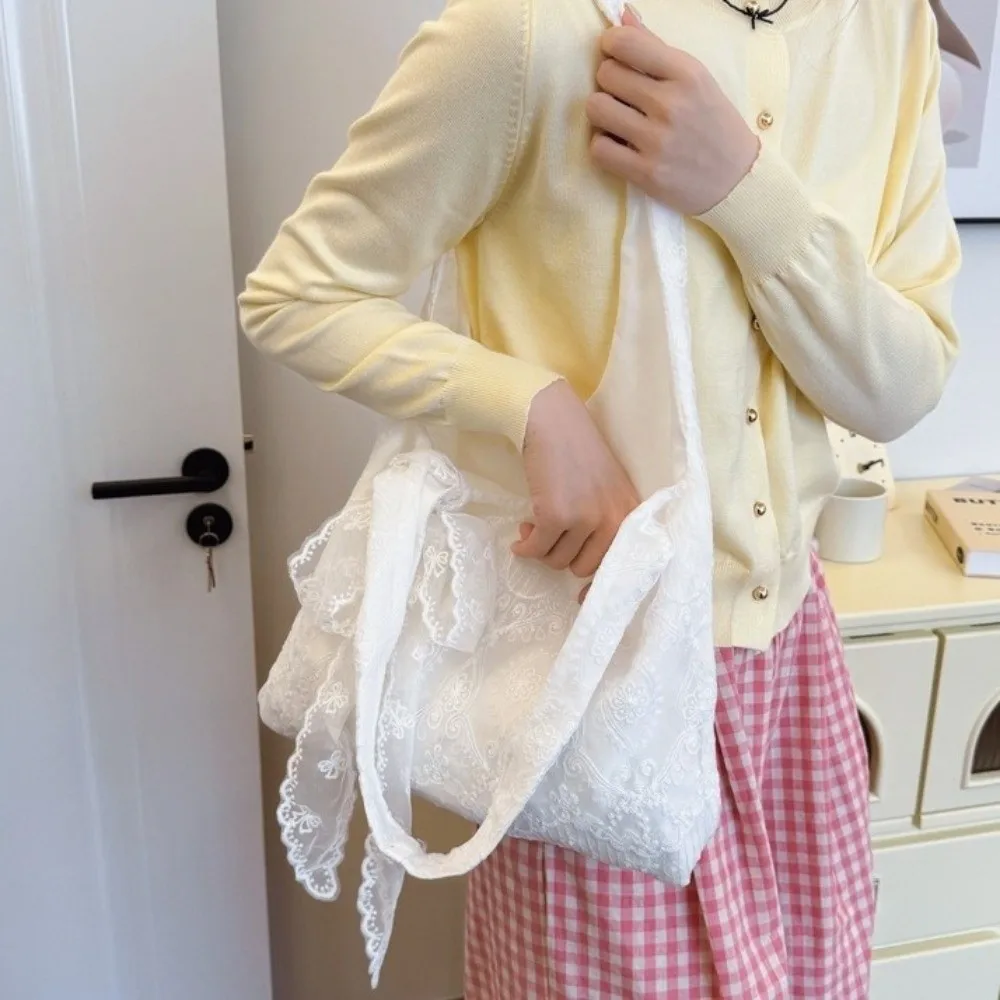 

Storage Bag Embroidery Lace Shoulder Bag With Ribbon Tote Bag Canvas Handbag Korean Style Cloth Large Capacity Bag Daily
