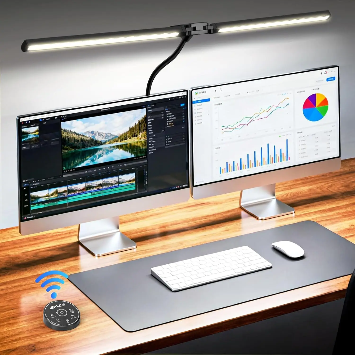 

LED Desk Lamp with Clamp, Eye-Caring Stepless Dimming for Dual Monitor, 5 Color Modes, Home Office Study Light