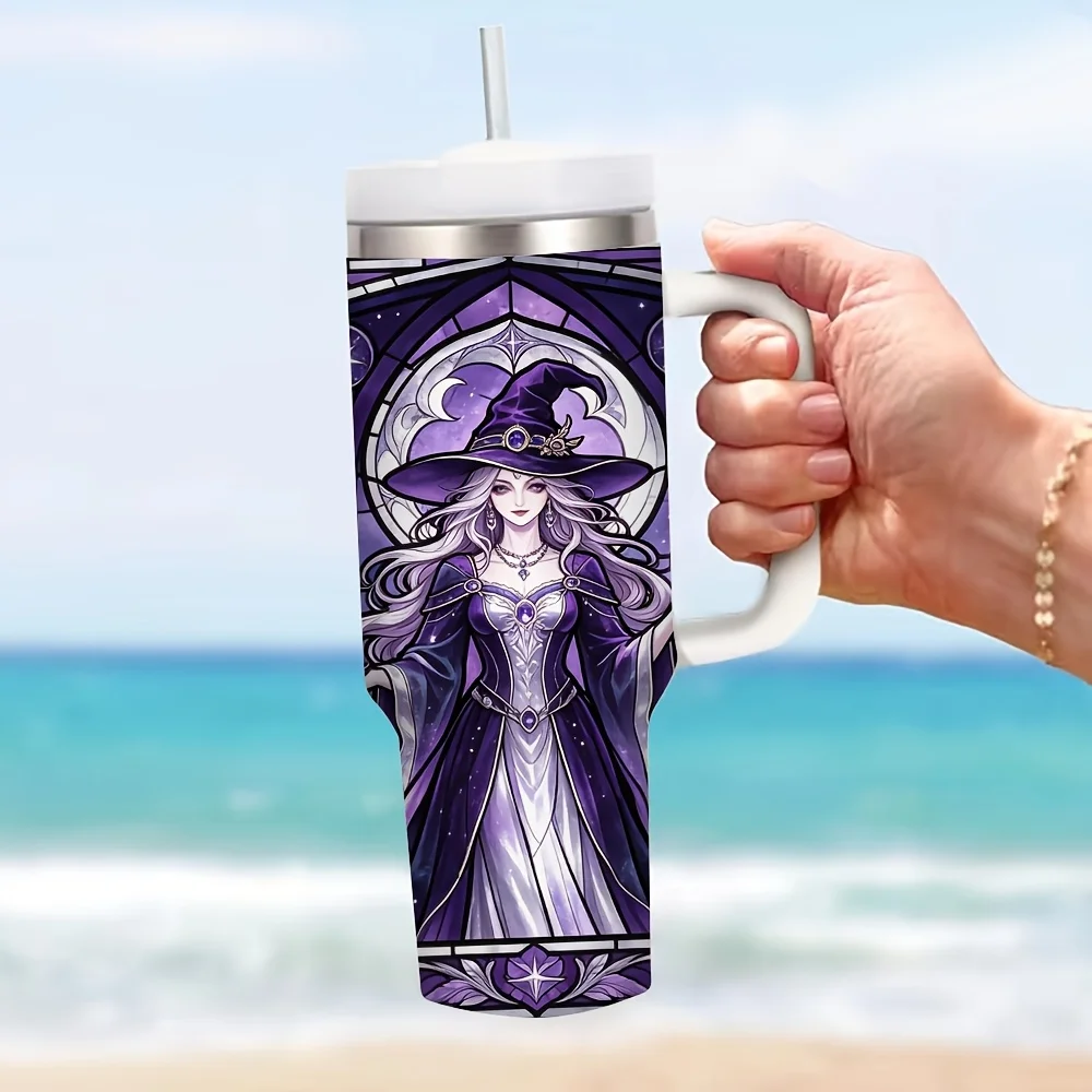 40oz Purple Witch Moon Print Insulated Tumbler with Handle, Fits Both Cold And Hot Drinks, Great for Witch Enthusiasts, Suitable for Halloween And Daily Outdoor Use