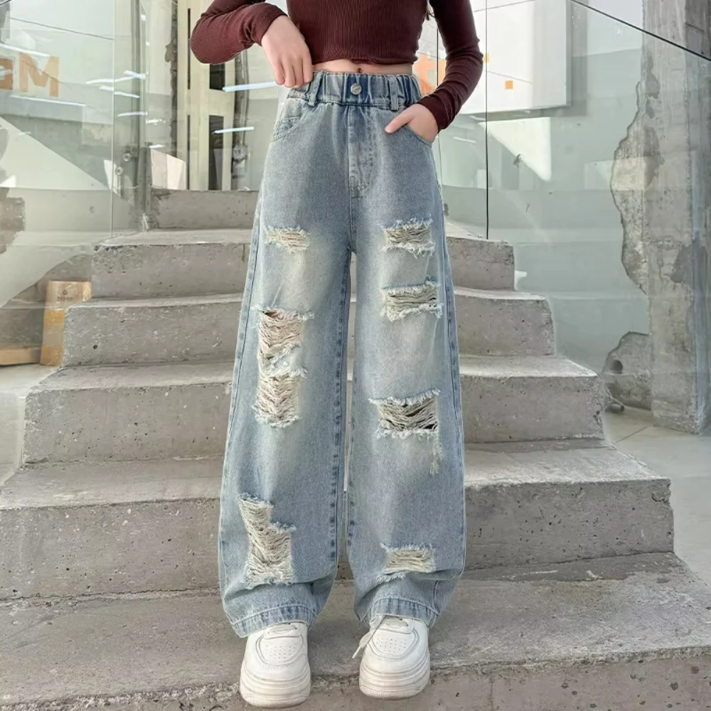 Spring Autumn Cowgirl Ripped Jeans With Hole Kids Girls Casual Style Destroyed Denim Pants Child High Street Trousers 4-14Years