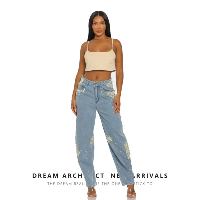 

Retro Denim Pearl Embellished Solid High Waist Slimming Straight Leg Jeans Streetwear Y2K Fashion 2026 Spring New Jean