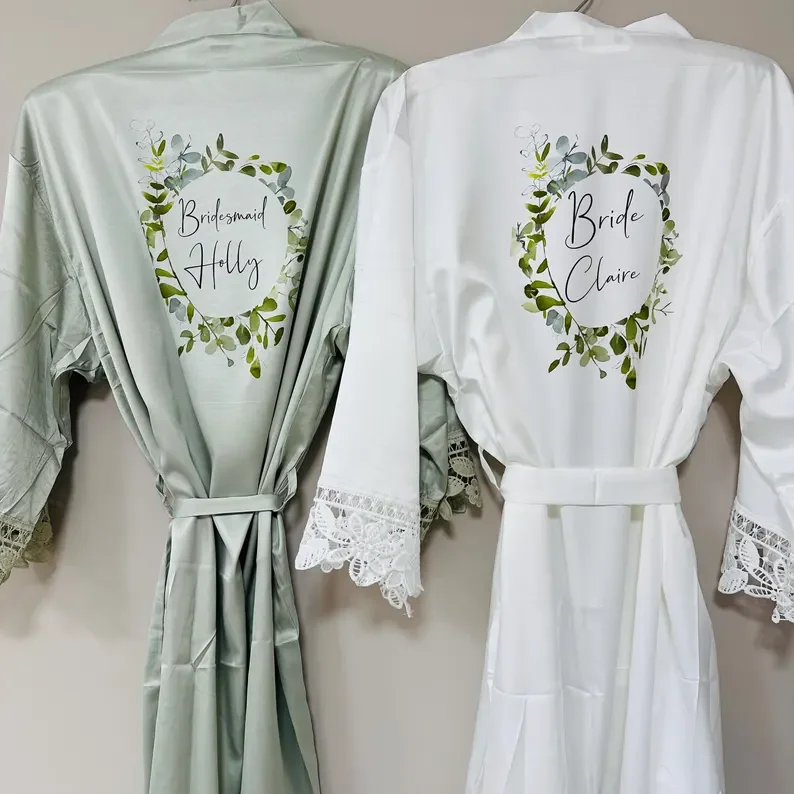 Watercolor Floral Wreath Bridesmaid Robes Bride Gift Bride Satin Lace Robe Dressing Gown Bridal Party Robes Wedding Robe