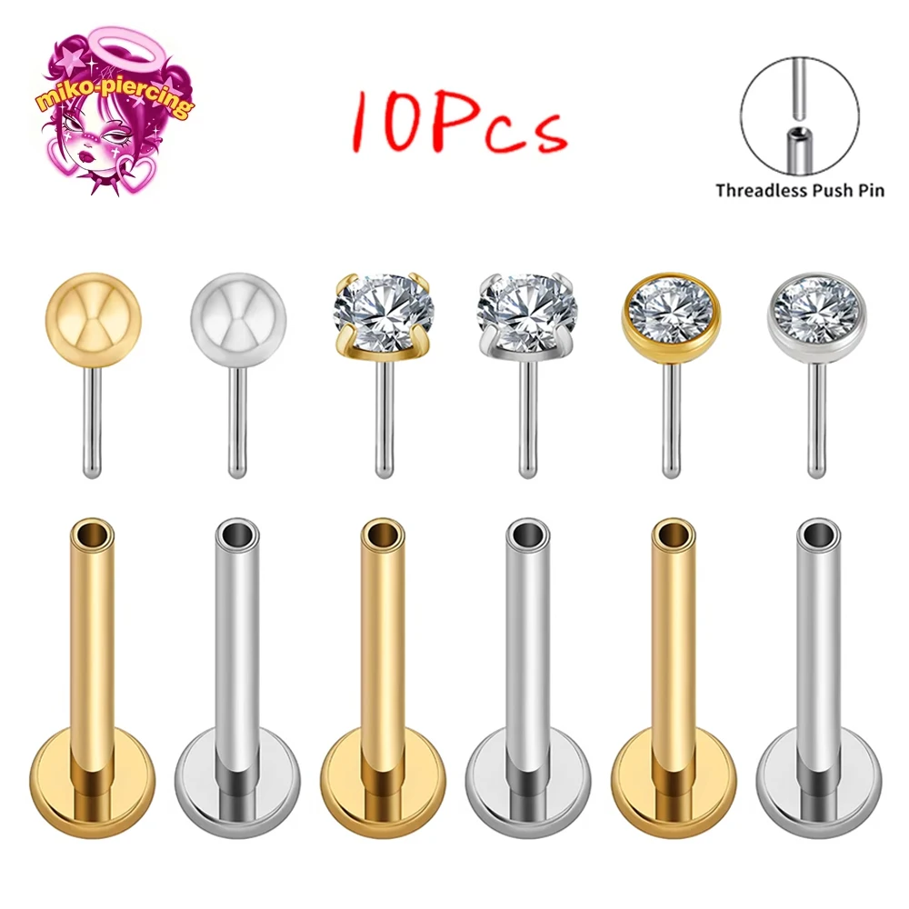 Lot de 10 Piercings Labret en Titane ASTM F136 sans Filetage, Tailles 20G/18G/16G, avec Zircon Cubique (CZ) 2/2.5/3/4mm, pour Cartilage, Tragus, Nez