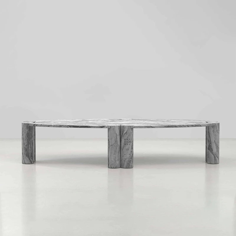#Dream Home Grey Vein Marble Coffee Table Irregular Bean Shaped Top Double Cylindrical Legs Minimalist Living Room Center Table