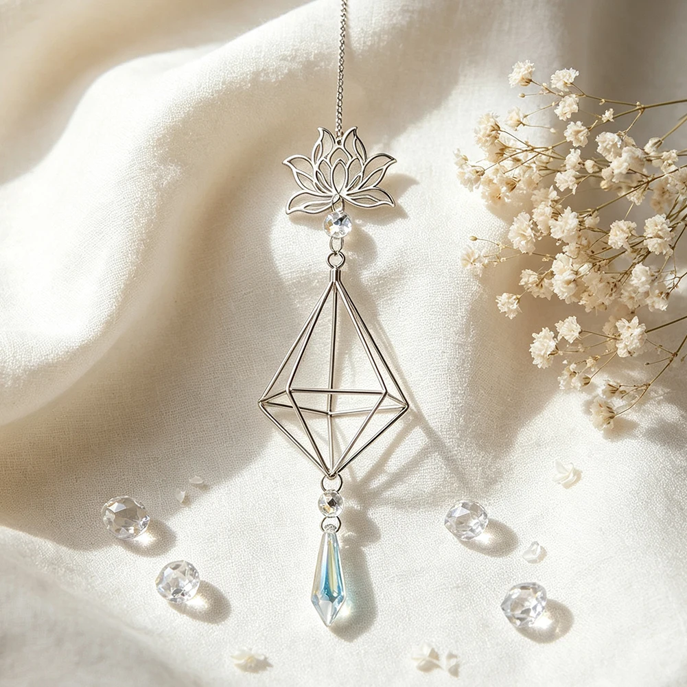 Minimalist Diamond Shaped Cage Metal Lotus Ornament Sun Catcher Glass Crystal Bead Rainbow Maker Porch Garden Decorative Pendant