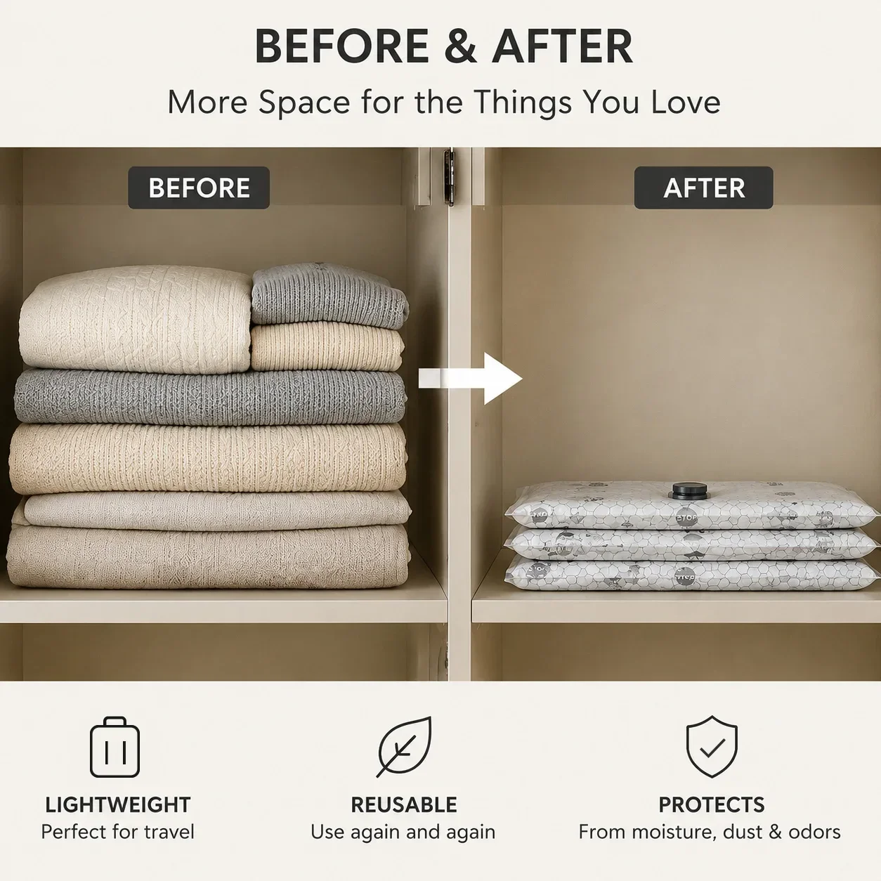 Vacuum Storage Bags for Clothes, Reusable Travel Space Saver Compression Bags, 6/9/12/15/18PCS, Optional Electric Pump