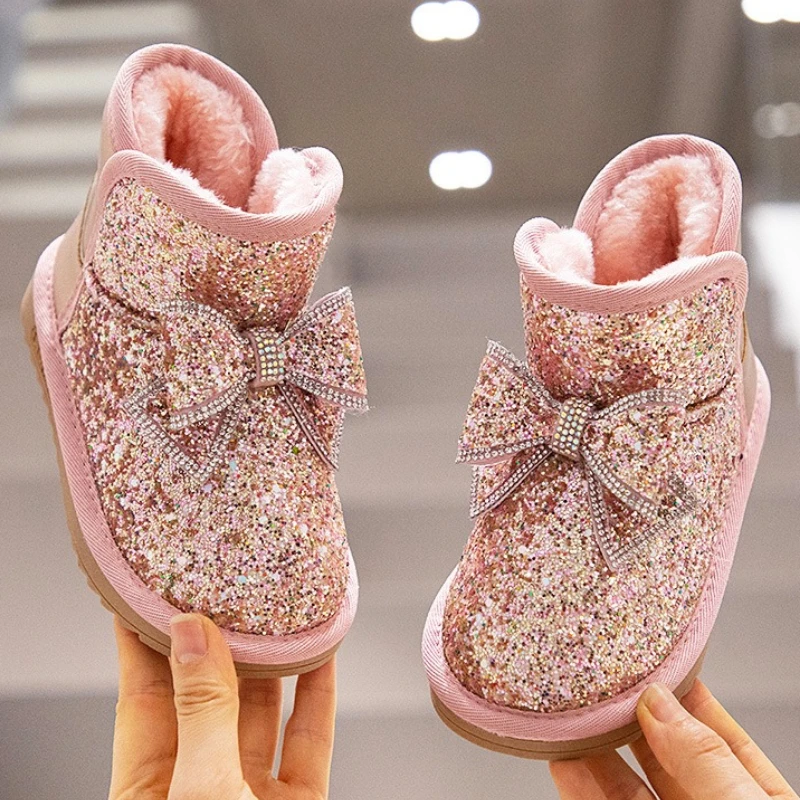 

Child Snow Boot 2025winter New Sequined Girl Velvet Thick Soled Boots Girl Butterfly Bow Anti Slip Comforta Princess Short Boots