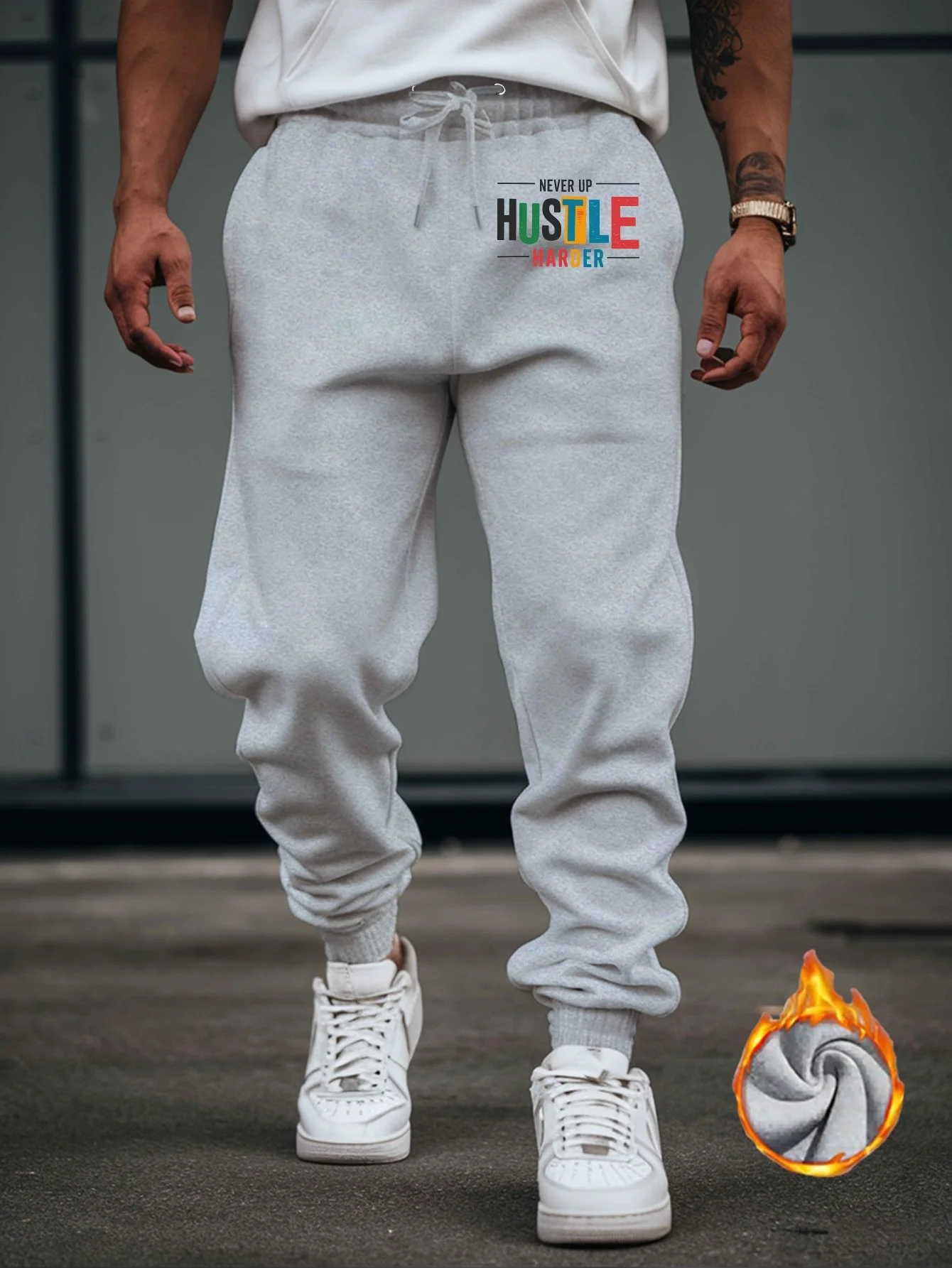 Motivational‑style hustle harder never up colorful letter graphic stylish tapered sweatpants men hip hop sports jogger trousers