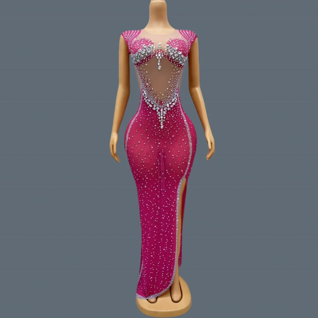 High-end Shiny Rhinestone Sexy Split Evening Dress Night Party Stage Dress Birthday Celebrate Party Photo Shoot Wear Lanbing