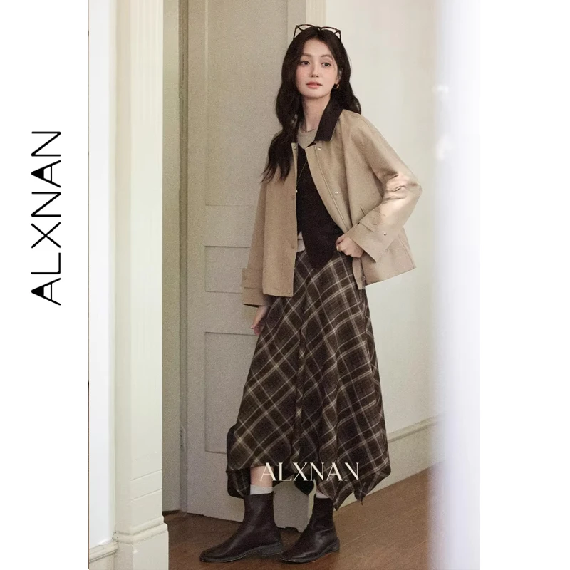 ALXNAN Damenrock, kariert, hohe Taille, unregelmäßiger Saum, A-Linie, 2025, Herbst, schlanker, Damen, sanfte weibliche lange Röcke, L57278