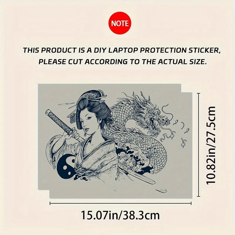 2 Pieces of Japanese Anime Geisha and Dragon Sword Laptop Stickers - Beige PVC Gloss Scratch Resistant Protective Cover with