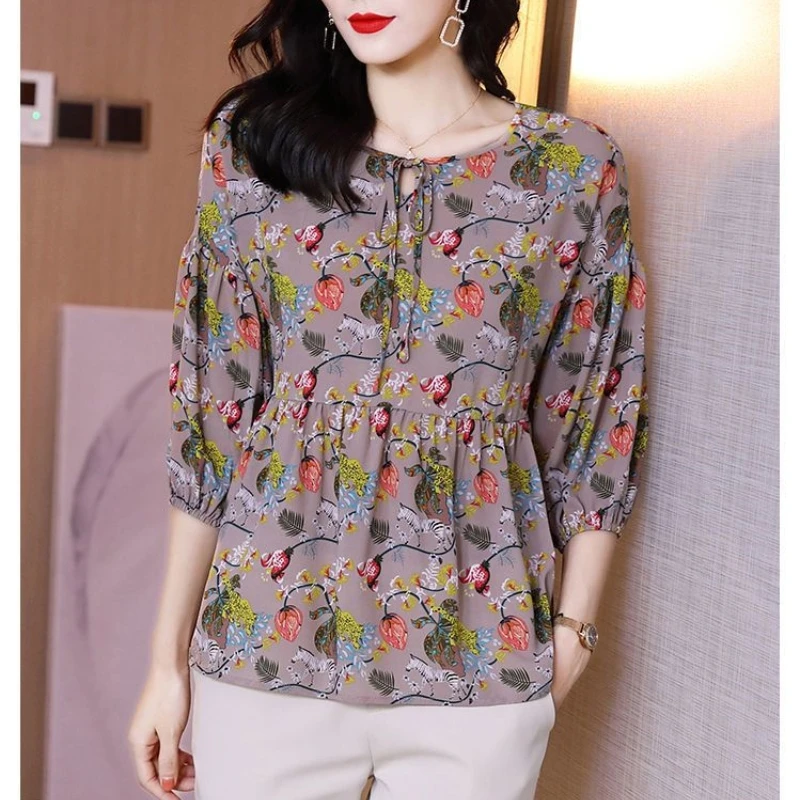 2024 New Summer Commuting Fashion Floral Three Quarter Round Neck Printed Loose Lace Up Patchwork Folds Women\'s T-shirt Top