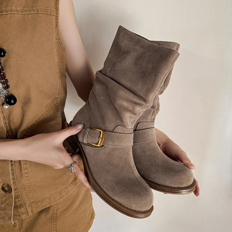 2027 Handmade Genuine Leather Cowhide Suede Mid-calf Boots Round Toe Women Shoes Slip-on Western Boots Fashion Modern Booties
