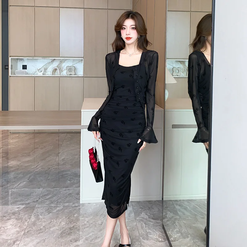 

Socialite Style Rose Sling Pleated Design Sheath Dress Cardigan Coat Temperament Two-Piece Suit