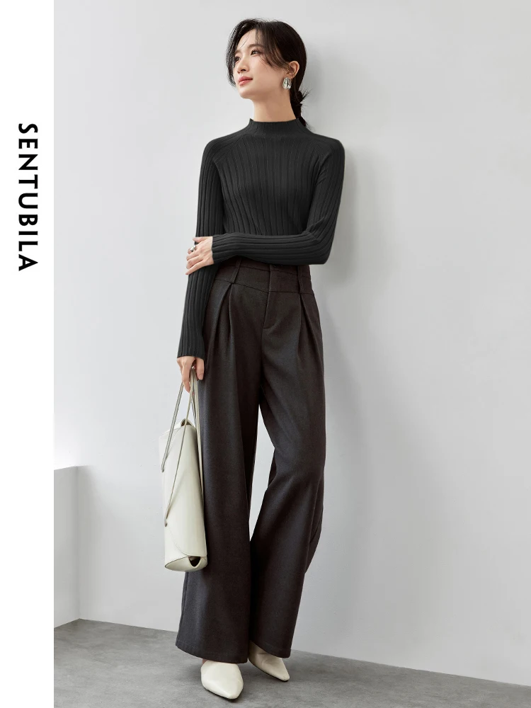 SENTUBILA Slim Fit Knitted Pullovers 2024 Autumn Soft Half Hight Collar Long Sleeve Simple Basic Comfort Women Top W43H56579