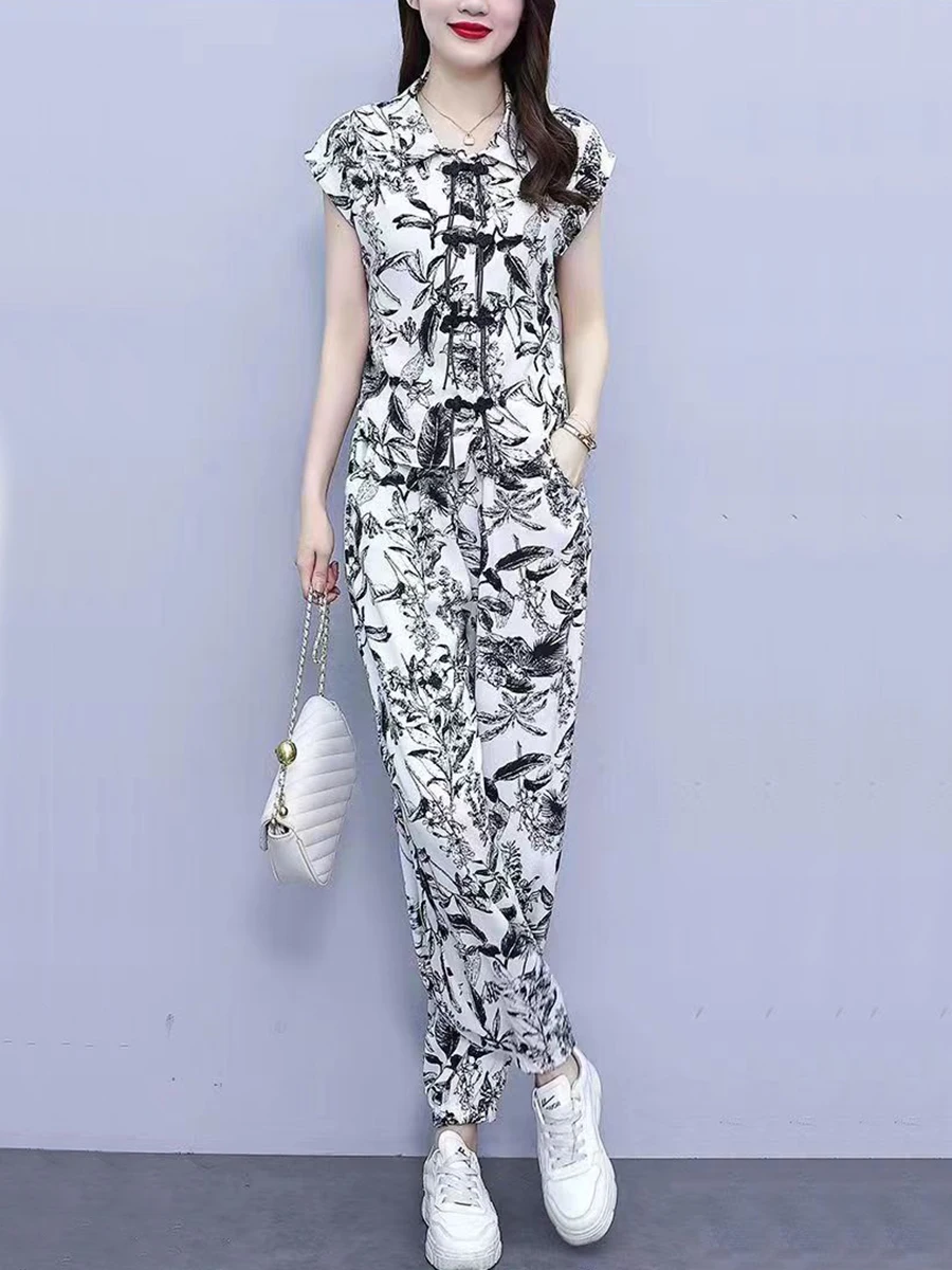 Chinese Style Watercolor Painting Loose Fit Shirt And Pants Set Summer New Fashion Button up Slimming Korean Two Piece Set