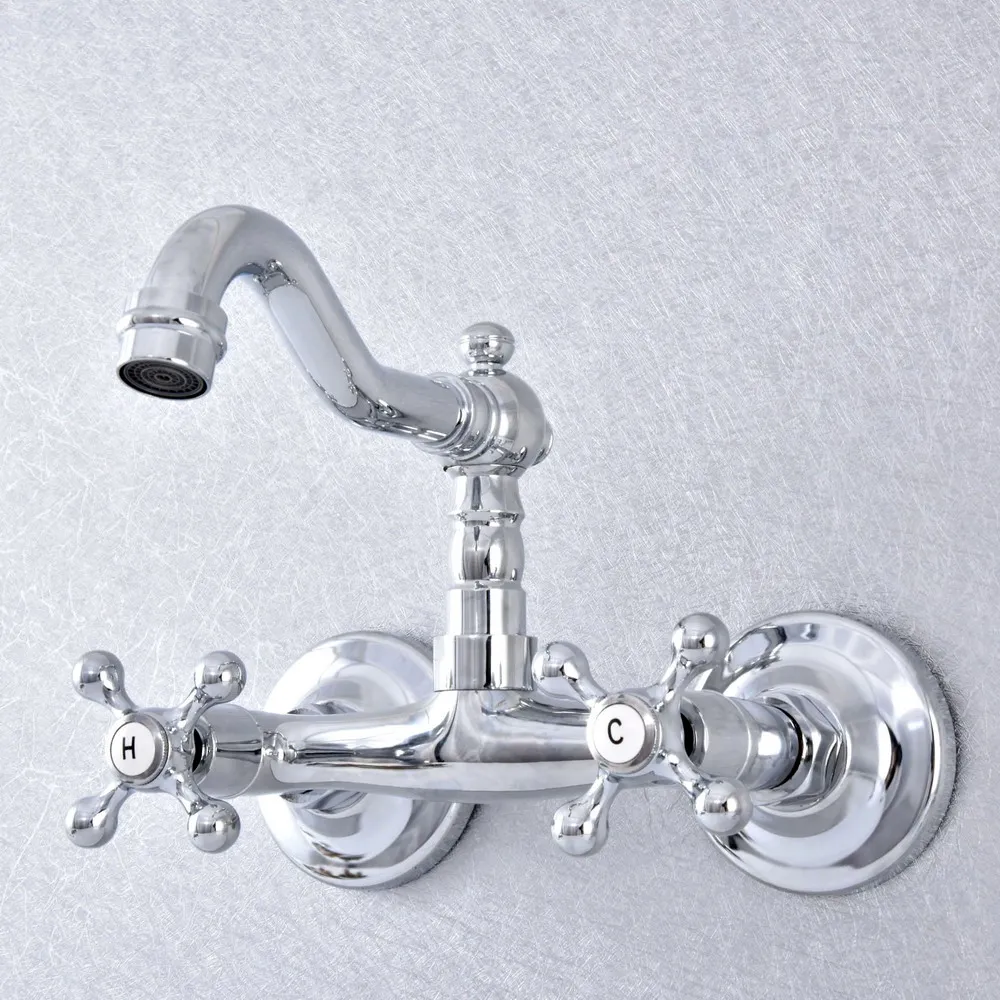 

Polished Chrome Brass Wall Mounted Bathroom Faucet Double Handles Basin Sink Mixer Tap tsf783