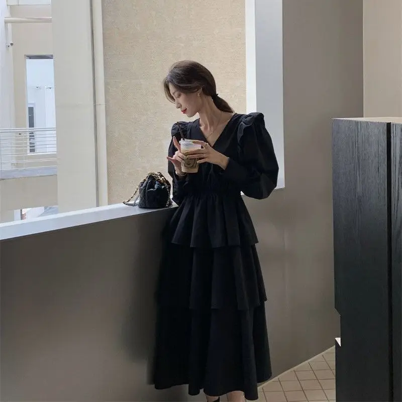 Black Dress Women Ruffles Sweet Vintage Designed V-neck Gentle Temperament Literary French Style Chic Popular Vestidos All-match