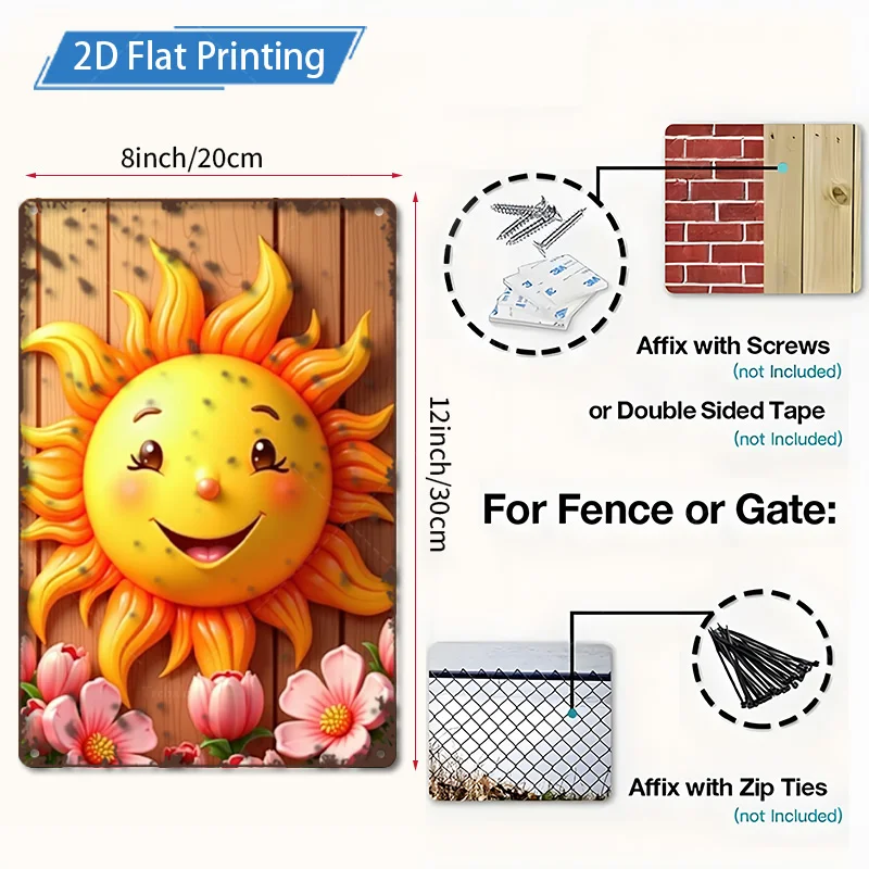 1 ชิ้น 8x12 นิ้วป้ายโลหะ "ที่มีเสน่ห์ดวงอาทิตย์และดอกไม้ 2D การพิมพ์แบนชนบทตกแต่งผนังศิลปะ"