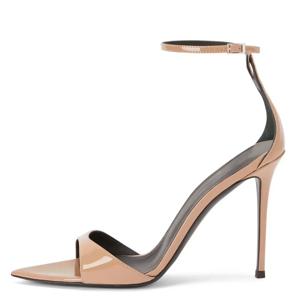 

2025 Summer New nude Thin Heel Sandals Pointed Toe Word Cingulate High Heels Sexy Ankle Strap Simple Sandals Patent Leather Shoe