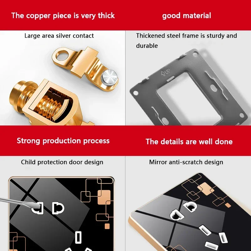 DepoGuye Black patterned crystal glass panel bedroom wall light switch button, EU standard wall switch socket AC110V-250V
